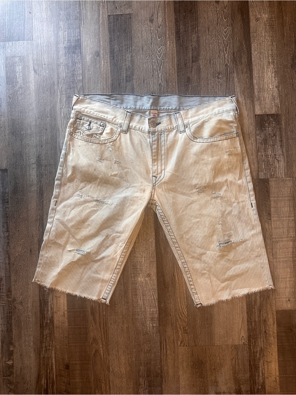 True Religion Stripped Cut-Off Shorts Size 42 Blue Denim Jean